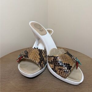 Versace White Heels with Brown Snakeskin Strap and Colorful Charms